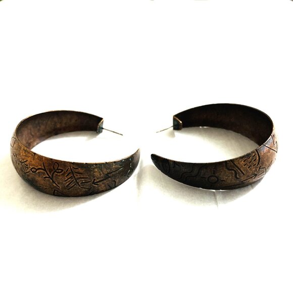 Earrings Large Hoops Copper 1977 Indian Aztec Engravings Vintage - Picture 7 of 7